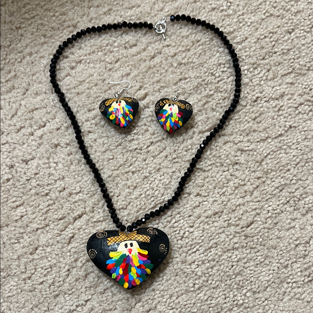 Oaxaca Hand-Painted Tiliche Black Heart Necklace Earring Set One Of A Kind 40$